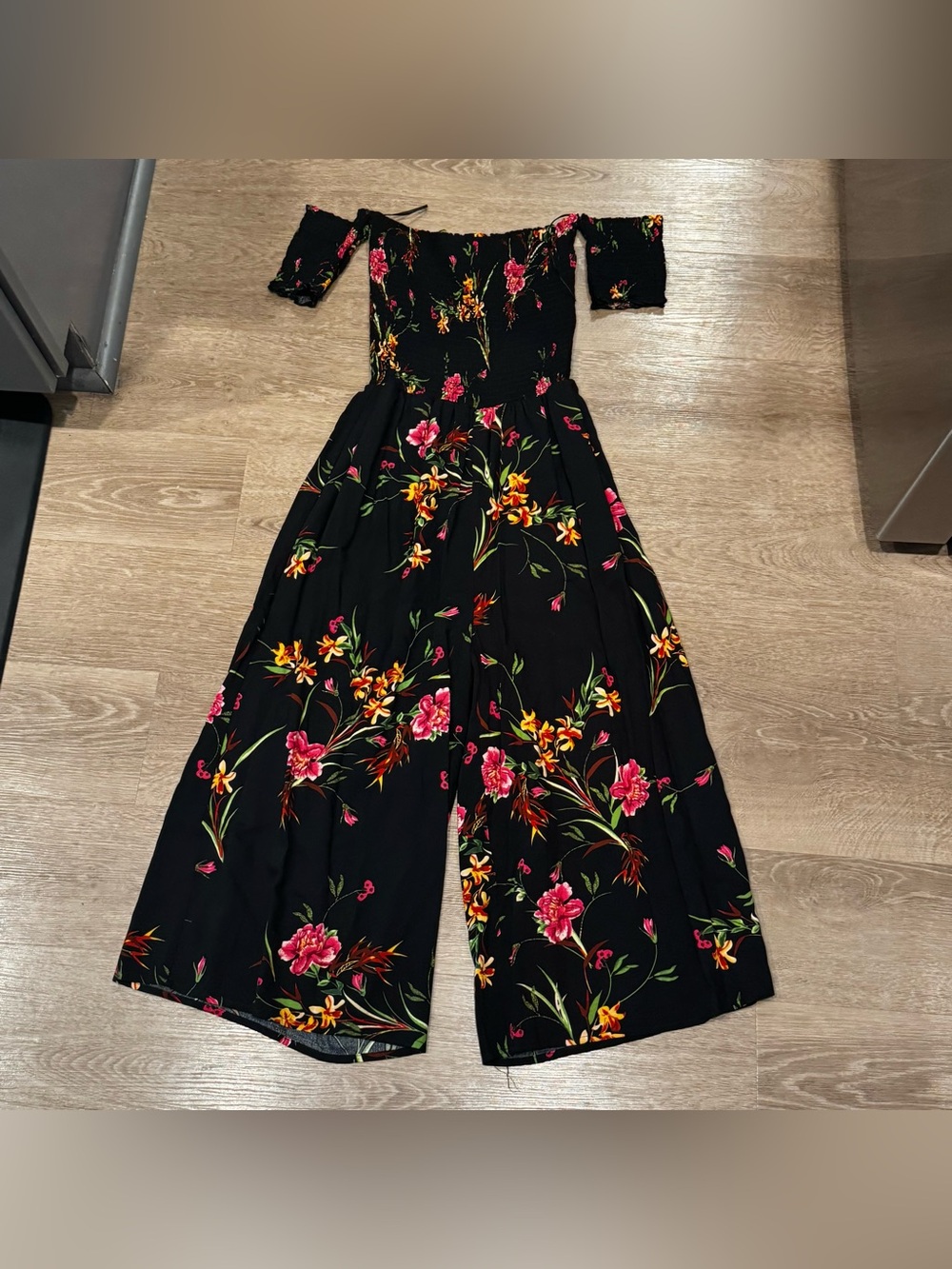 Revamped Black Floral Off-Shoulder Wide-Leg Jumpsuit